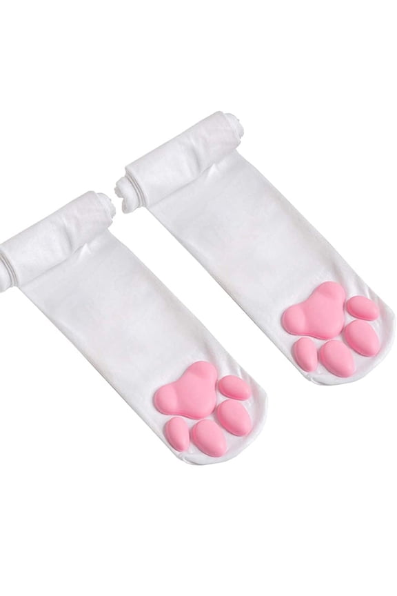 Cat Paw Socks, Thigh High Soft 3D Paw Pad Toe Beans Stockings for Women Cat Cosplay(White)