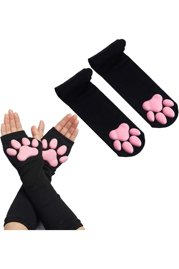 Cat Paw Thigh High Socks Golves, Cute Soft 3D Toe Beans Socks Mittens Kitten Claw Pad Socks for Girl Women Cosplay Set(Black Long Gloves&Socks)
