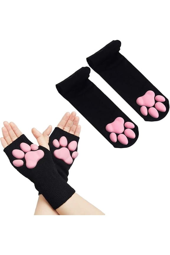 Cat Paw Thigh High Socks Golves, Cute Soft 3D Toe Beans Socks Mittens Kitten Claw Pad Socks for Girl Women Cosplay Set(Black Short Gloves&Socks)