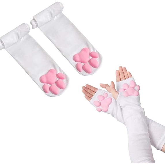 Cat Paw Thigh High Socks Golves, Cute Soft 3D Toe Beans Socks Mittens Kitten Claw Pad Socks for Girl Women Cosplay Set(White Long Gloves&Socks)