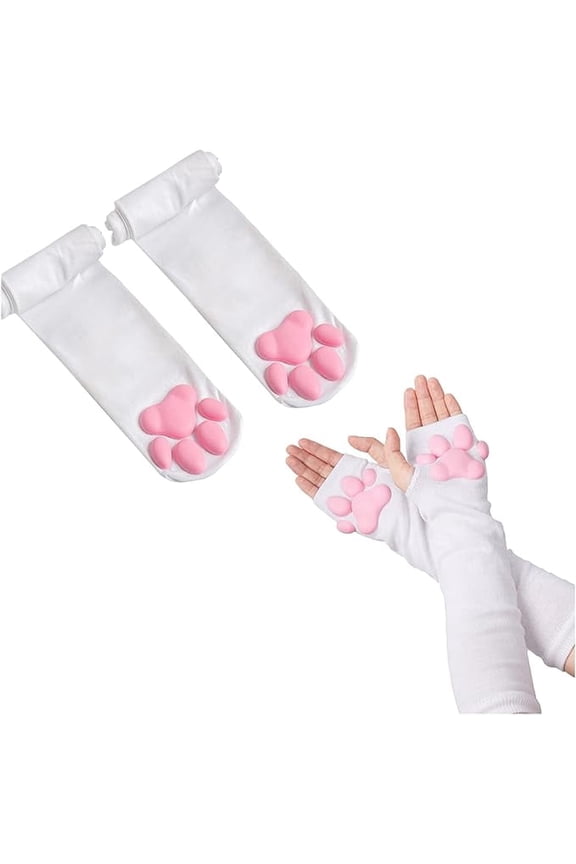 Cat Paw Thigh High Socks Golves, Cute Soft 3D Toe Beans Socks Mittens Kitten Claw Pad Socks for Girl Women Cosplay Set(White Long Gloves&Socks)