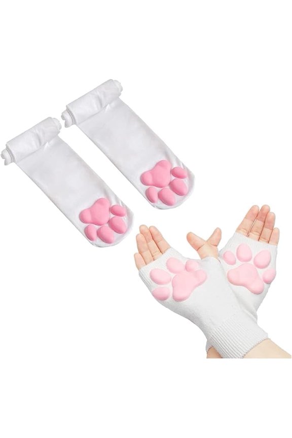 Cat Paw Thigh High Socks Golves, Cute Soft 3D Toe Beans Socks Mittens Kitten Claw Pad Socks for Girl Women Cosplay Set(White Short Gloves&Socks)