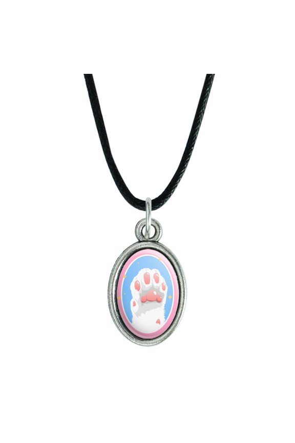Cat Paw Toe Beans with Cute Sparkles Antiqued Oval Charm Pendant with Black Satin Cord
