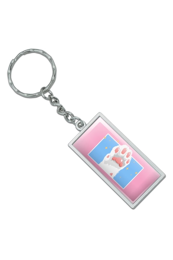 Cat Paw Toe Beans with Cute Sparkles Rectangle Keychain in Chrome Plated Metal