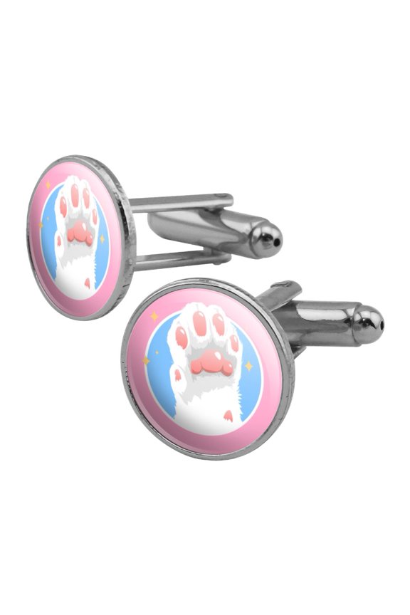 Cat Paw Toe Beans with Cute Sparkles Round Cufflink Set Silver Color