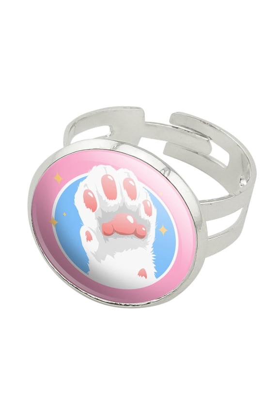 Cat Paw Toe Beans with Cute Sparkles Silver Plated Adjustable Novelty Ring
