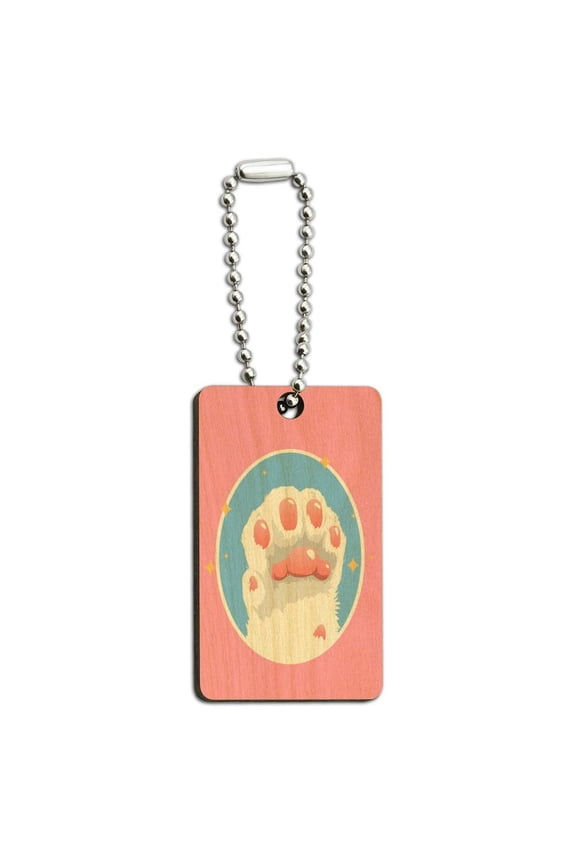 Cat Paw Toe Beans with Cute Sparkles Wood Wooden Rectangle Keychain Key Ring