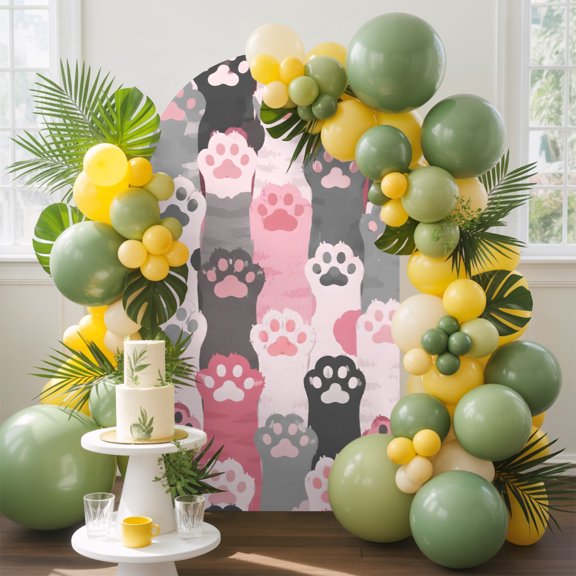 Cat Paws Arch Backdrop Cover, 4FT, Playful Cute Pink Gray Claws Tracks Minimalist Spandex Arch Covers Double-Sided Backdrop for Wedding Birthday Party Photo Background Decoration