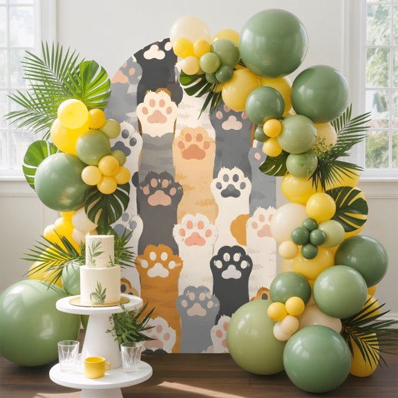 Cat Paws Arch Backdrop Cover, 4FT, Playful Cute Yellow Gray Claws Tracks Minimalist Spandex Arch Covers Double-Sided Backdrop for Wedding Birthday Party Photo Background Decoration