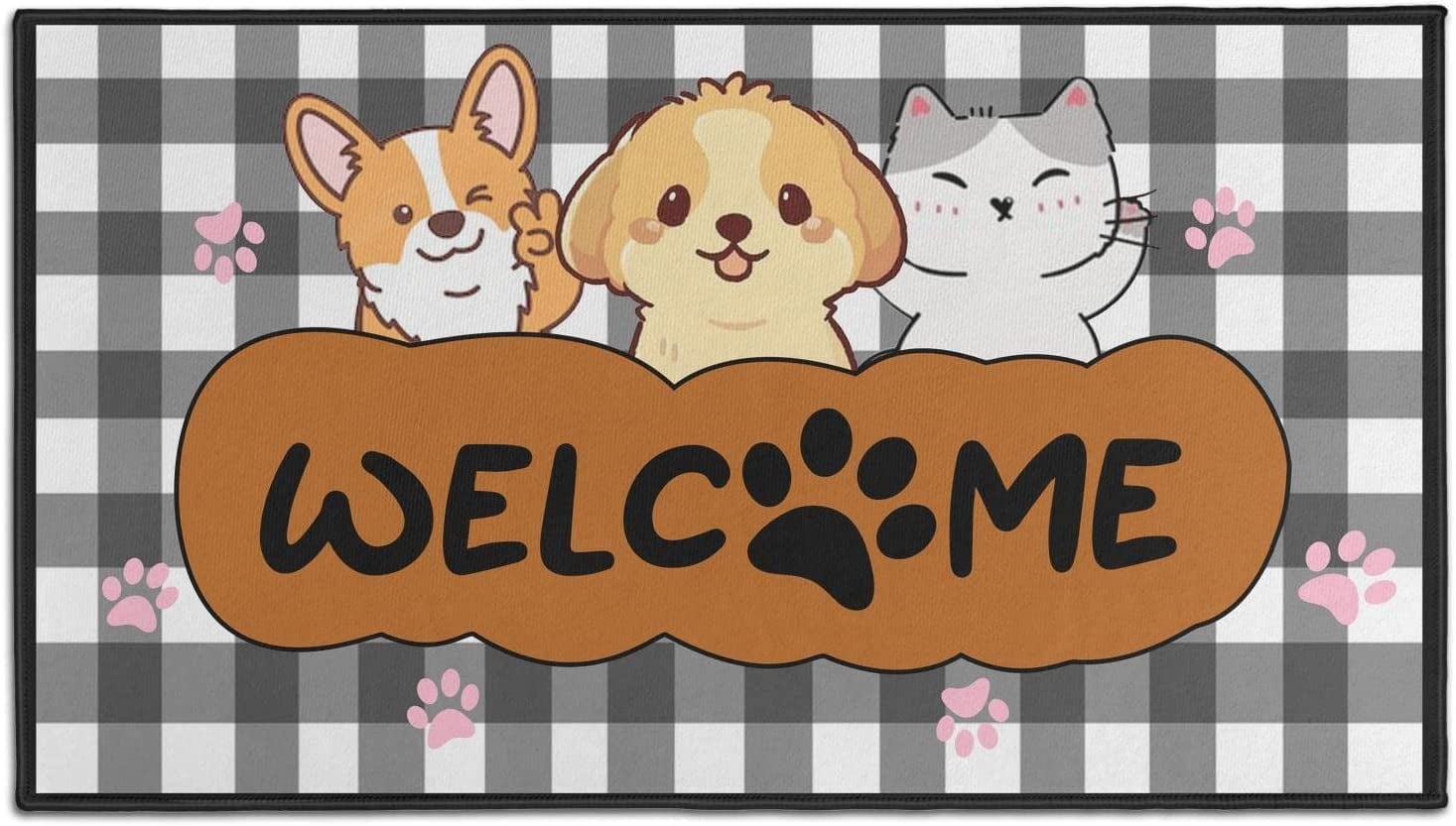 Cat Paws Plaid Doormat Non-Slip Absorbent Resist Dirt Front Door Mat Machine Washable Welcome Mats Outdoor Inside Floor Rugs for Entryway 30" X 17"