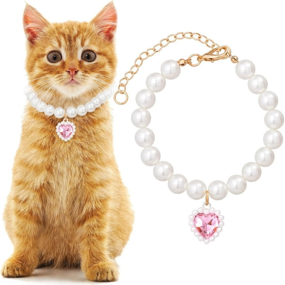 Cat Pearl Collar with Heart Pendant, Cute Pearl Pet Necklace in Medium, Adjustable Wedding Party Small Dog Jewelry Accessories for Puppy Kitten- Pink