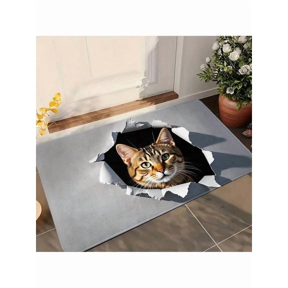 Cat Peek-Through Doormat One Piece 40x60cm Gray Non-Slip Rubber Backing