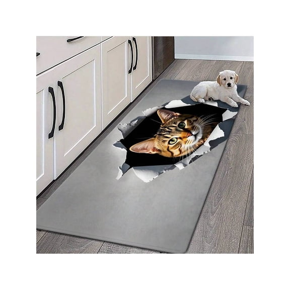 Cat Peek-Through Kitchen Floor Mat One Piece 45x120cm Gray Non-Slip Rubber Backing