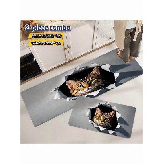 Cat Peek-Through Kitchen Floor Mat Set Gray Non-Slip Rubber Backing 40x60+45x120cm Two Pieces