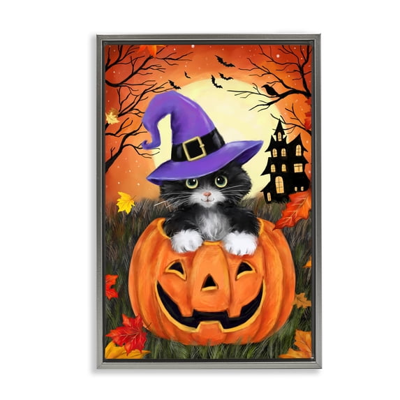 Stupell Industries Cat Peeking from Jack-o-Lantern Gray Framed Floater Canvas Wall Art, design by Jean Francois, 25 x 17