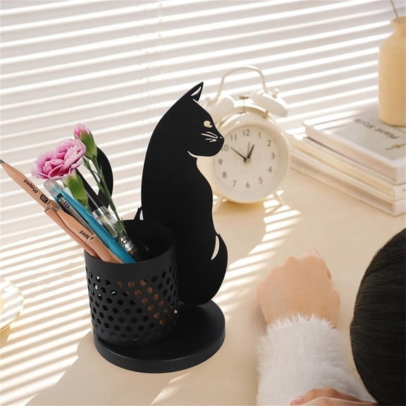 Cat Pencil Holder for Desk, Organizer Pen Holder for Bedroom/Office, Home Decor for Table Centerpiece, Black Gifts for Cat Lover