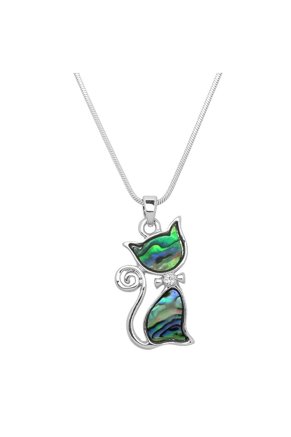 Cat Pendant Necklace Abalone Shell Rhodium Plated 17 Inch Snake Chain J0655