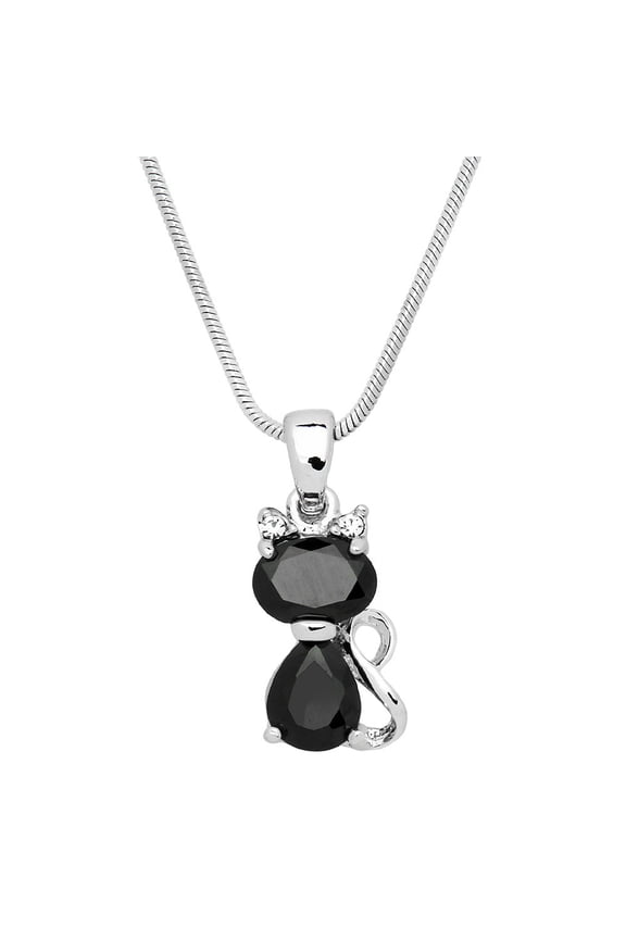Cat Pendant Necklace Cubic Zirconia Crystal Rhodium Plated 17 Inch Snake Chain J0573-JET