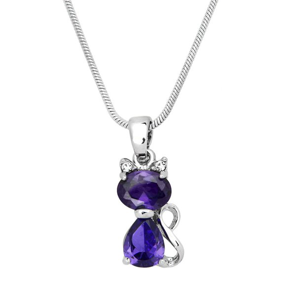 Cat Pendant Necklace Cubic Zirconia Crystal Rhodium Plated 17 Inch Snake Chain J0573-PP