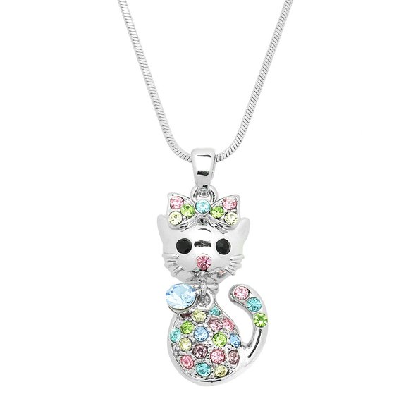 Cat Pendant Necklace Rhinestone Crystal Rhodium Plated 17 Inch Snake Chain J0560-MT