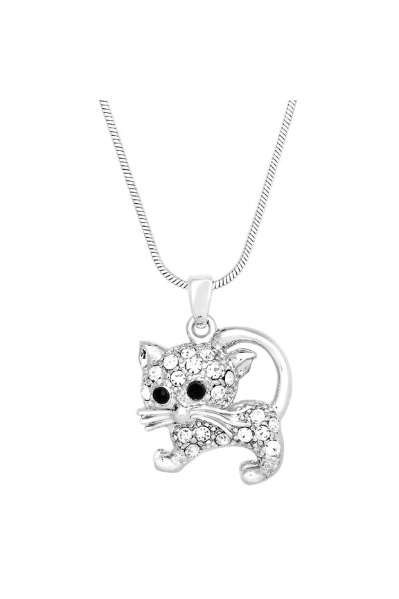 Cat Pendant Necklace or Earring Clear Rhinestone Crystal Rhodium Plated 17 Inch Snake Chain J0261-CR