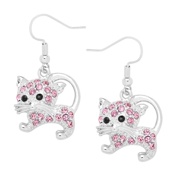 Cat Pendant Necklace or Earring Pink Rhinestone Crystal Rhodium Plated 17 Inch Snake Chain E0763-PK