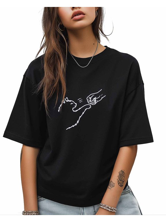 Cat And People Punch Hand T Shirts for Women Short Sleeve Cotton Crewneck T-Shirt Cat Man Friendship Bump Tee Tops Casual Basic T-Shirts, XS-5XL Black XS