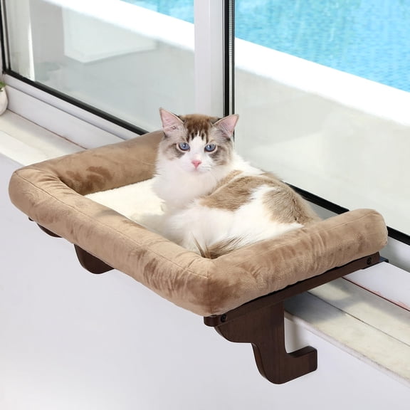 Cat Perch Dark Stained Wood with Brown Bed 24''L x 15''W Window Sill Use