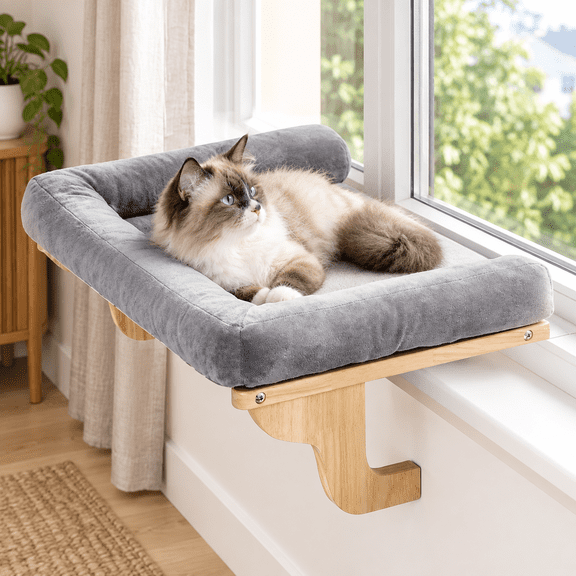 Cat Perch For Windowsill With Bolsters (wood/gray L)