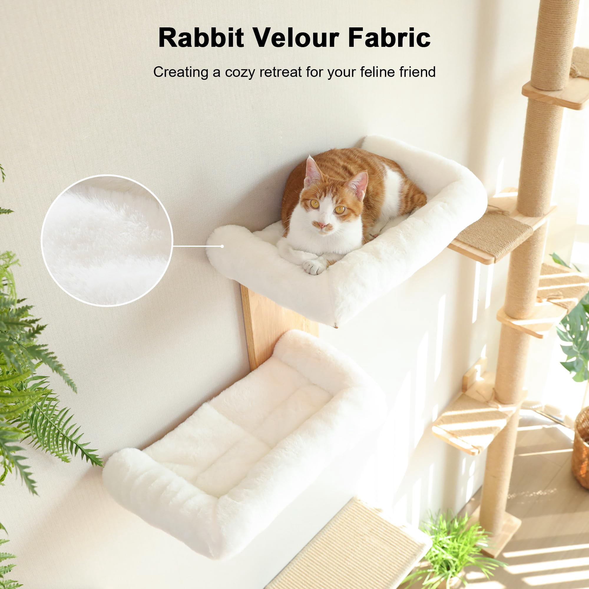 Cat Perch Solid Rubber Wood Wall Shelves With White Cushion, 2 Platform Tree Shape Cat Furniture