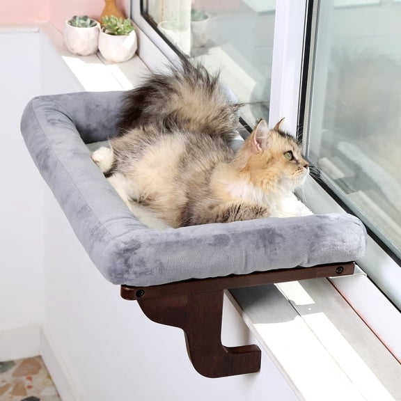 Cat Perch for Window Sill with Bolster - Orthopedic Hammock Design with Premium Hardwood & Robust Metal Frame - Cat Window Seat for Large Cats and Kittens - Dark Stained Wood Gray Bed, 24''W
