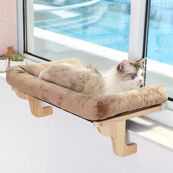 Cat Perch for Window Sill with Bolster - Orthopedic Hammock Design with Premium Hardwood & Robust Metal Frame - Cat Window Seat for Large Cats and Kittens - Natural Color Wood Gray Bed, 24''W