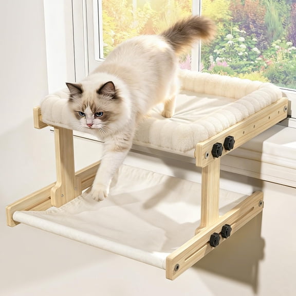 Cat Perch for Window Cats Hammock Indoor Bed for Window Adjustable Wooden Frame Bird Watching Sunbathing Space-Saving Double Layer