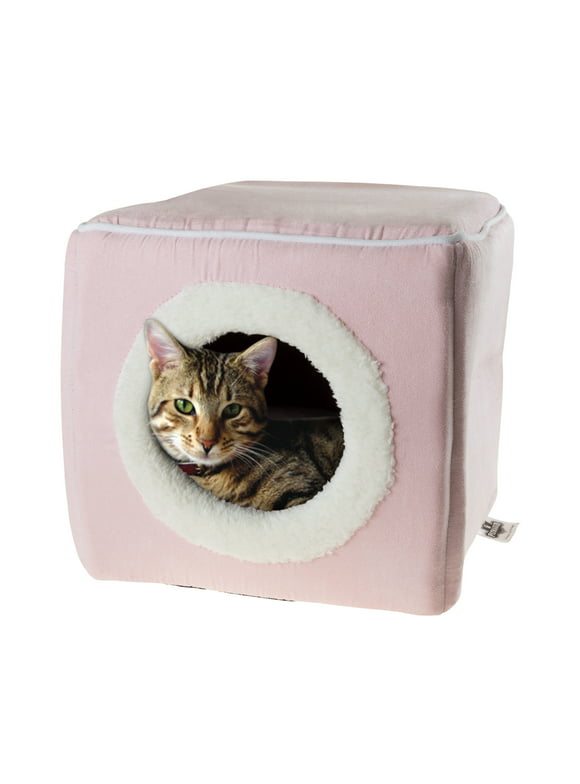 Cat Pet Bed Cave- Soft Indoor Enclosed Covered Cavern/House for Cats Kittens and Small Pets with Removable Cushion Pad by PETMAKER (Pink)