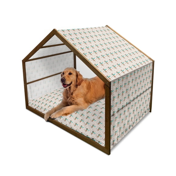 Cat Pet House, Animal Pattern with Hand Drawn Cat in Scarf Holding Autumn Leaves, Outdoor & Indoor Portable Dog Kennel with Pillow and Cover, 5 Sizes, Pale Orange Turquoise, by Ambesonne