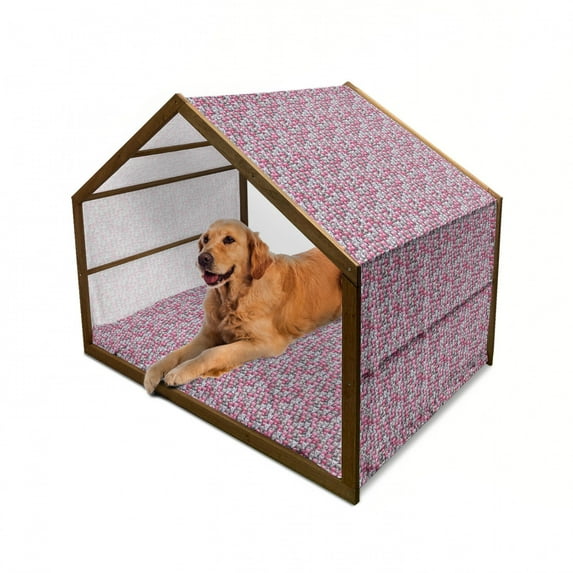 Cat Pet House, Kawaii Doodle Cats Pattern Smiling Winking Cheering Mascots Humorous Funny, Outdoor & Indoor Portable Dog Kennel with Pillow and Cover, 5 Sizes, Pink Tan Lilac, by Ambesonne