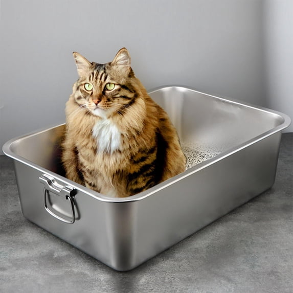 Cat , Pet Litter Tray Stainless Steel Litter Toilet Easy to Clean Sand Box Kitten Potty Pan for Bunny Puppy Small Animals 40cmx30cmx10cm
