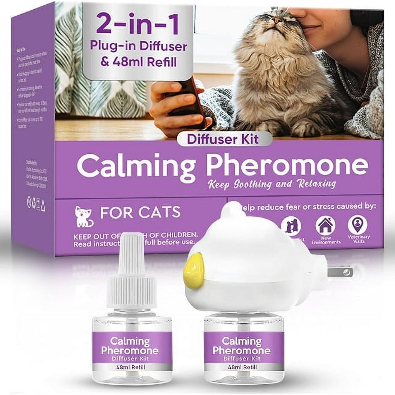 Cat Calming Diffuser Starter Kit, Stress Relief, 60 Days, 2pcs 48ml Refills