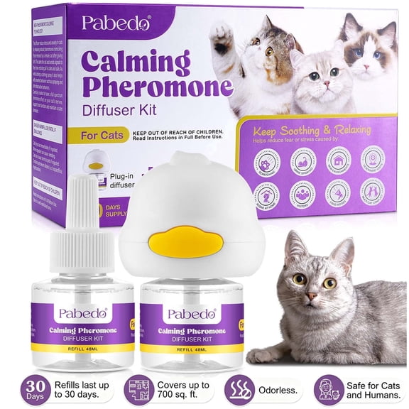 Pabedo Cat Pheromone Calming Plug-In Diffuser Kit, 1 Diffuser & 2 Refills, 60-Day Supply, Reduces Cat Fighting, Spraying & Scratching, Anxiety Stress Relief