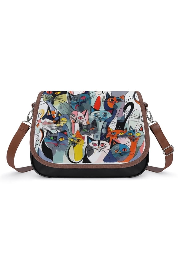 Cat Pictures Doodle Style Vintage Crossbody Bag for Women Medium Leather Hobo Bags Shoulder Bag Classic City Leather Satchels