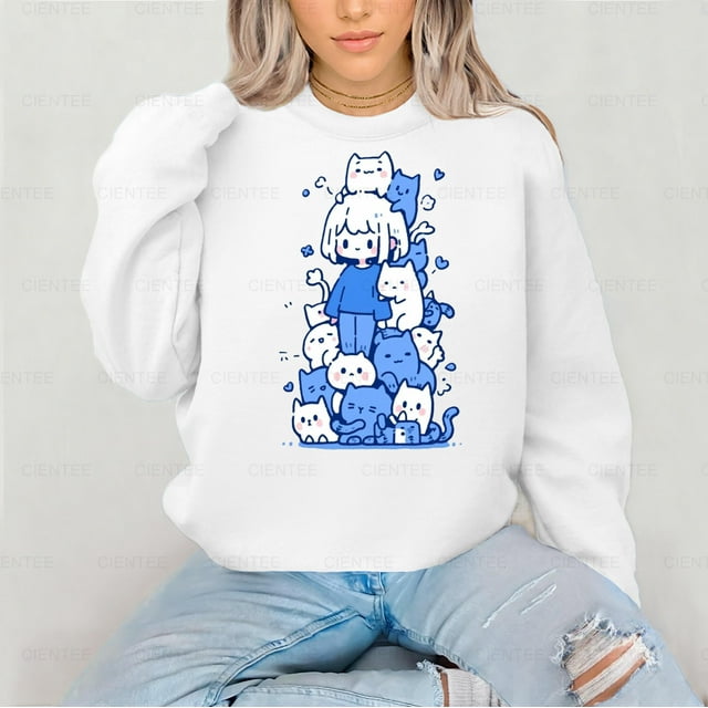 Cat Pile T-Shirt , Sweatshirt , Hoodie - Cute Chibi Girl with Kitties