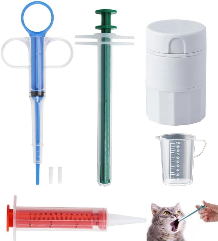 Cat Pill Shooter 5-in-1 Kit, Pet Cutter and Crusher for Cats Dogs, Dog Tablet Soft Tip Syringe Medical Feeding Liquid Dispenser Tool with Plastic Measuring Cup 100ml