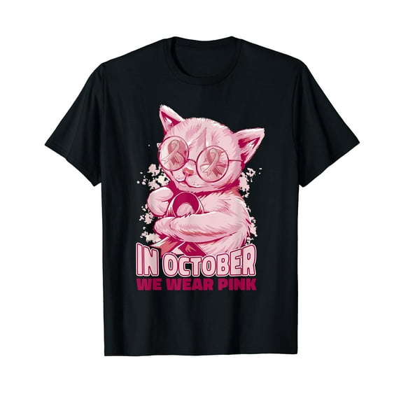 Cat Pink Ribbon In October We Wear Pink Breast Cancer T-Shirt