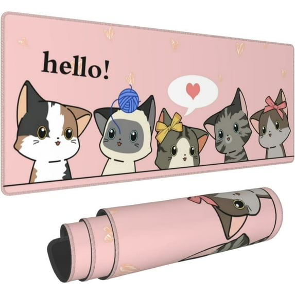Cat Pink White Gaming Mouse Pad Cute Large Extended Funny Office Long Desk Mat XXL on Top of Desks for Keyboard and Mouse 31.5 X 11.8 in