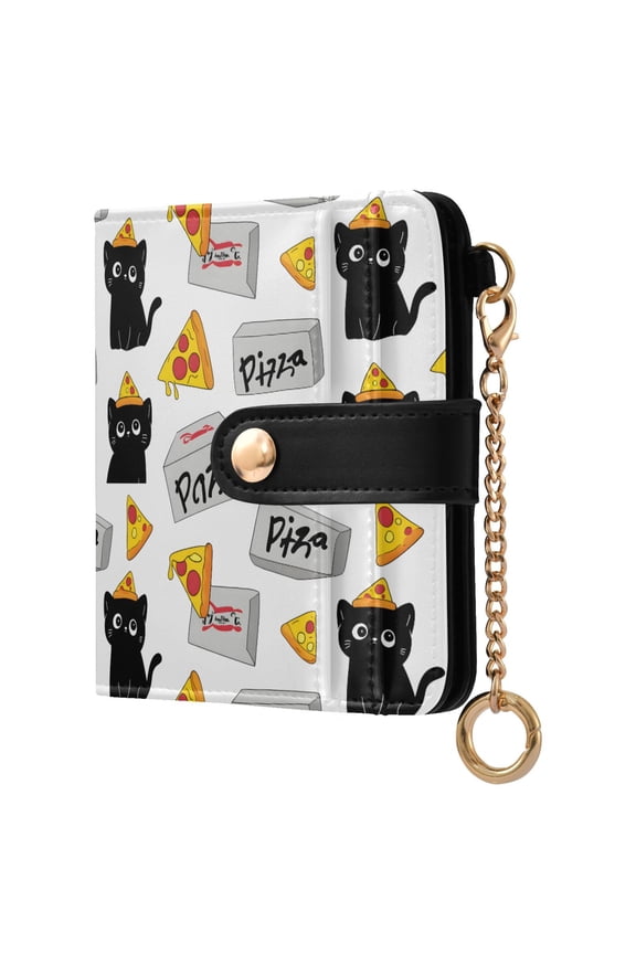 Cat Pizza Small Wallet for Women RFID Blocking Bifold PU Leather Credit Card Holder with Zipper Coin Pocket Compact Cute Travel Purse Magnetic Snap 7 Card Slots