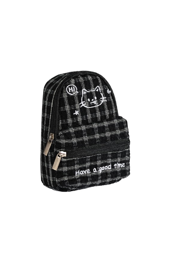 Cat Plaid Mini Backpack, Black Durable Small Backpack for Students Commute Short Trips
