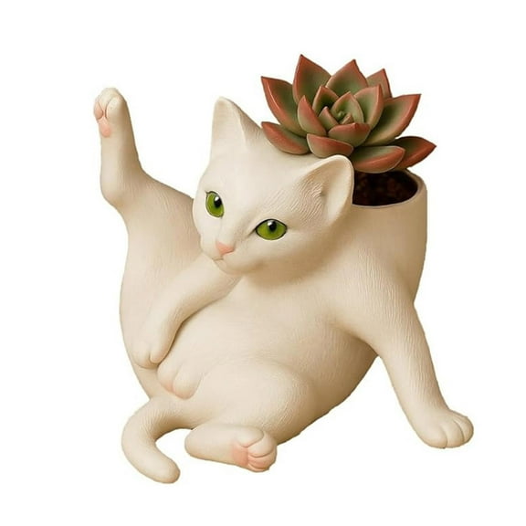 Cat Planter Pot with Cute Grooming Kitty Design - Fun Grooming Cat Planter, Small Succulent Flower Pot for Indoor Plants, Home & Office Decor, Gift for Cat Lovers