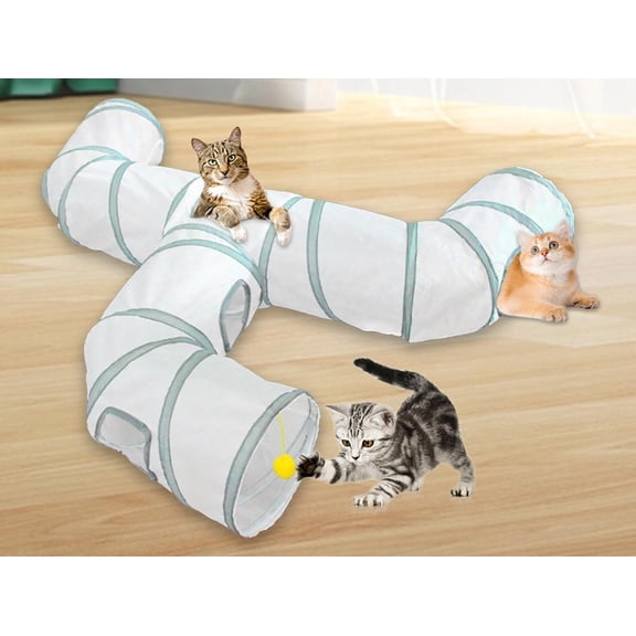 Cat Play, Play Tunnel, Cat Tunnel, 10inDiameter, White Fabric, Cat Tube, Cat Toy, Indoor Pet Activity, Collapsible, Feline Hideaway, 3 Way, 1 Pc