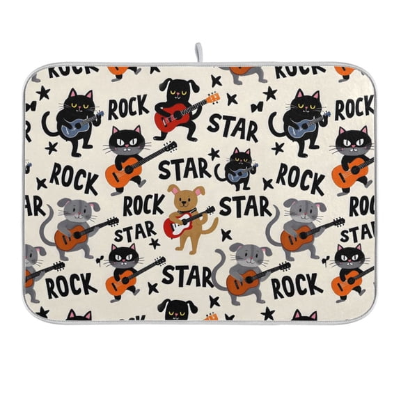 Cat Play Rock Guitar Dish Drying Mat 16x18 Absorbent Microfiber Draining Rack Pad for Kitchen Counter Sink