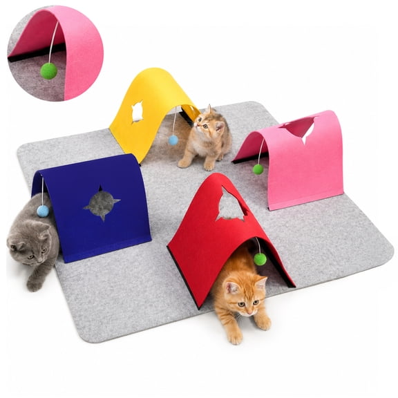 Cat Tunnel for Indoor Cats with Hanging Plush Ball, 4-Color Foldable Felt Cat Play Tunnel for Hiding Sleeping, Stable Toys for Indoor Cats Self Play, Large Interactive Mystery Cave Mat